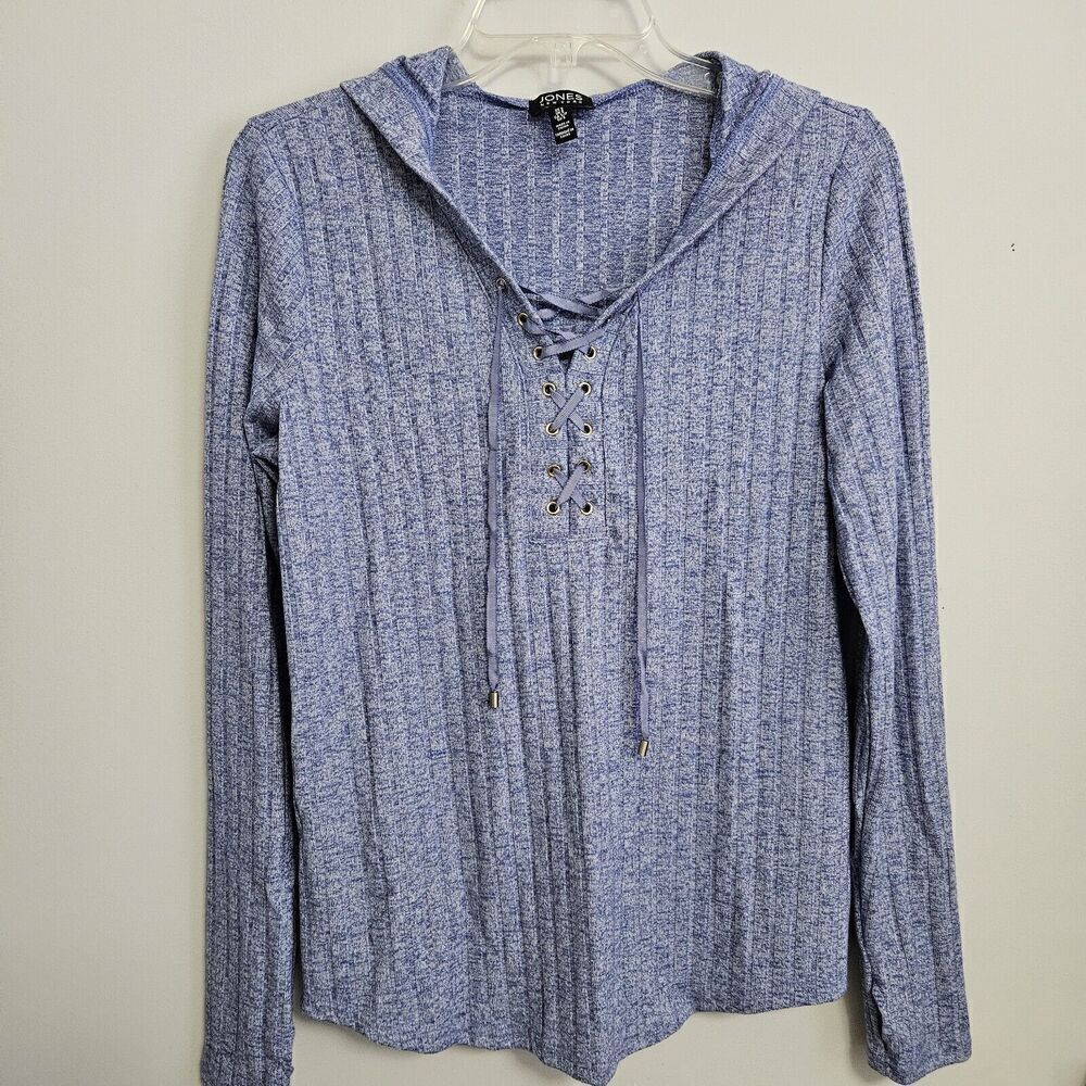 Jones NY Hooded Laced Front Top Heathered Med Blue Knit LS Shirt Sz S